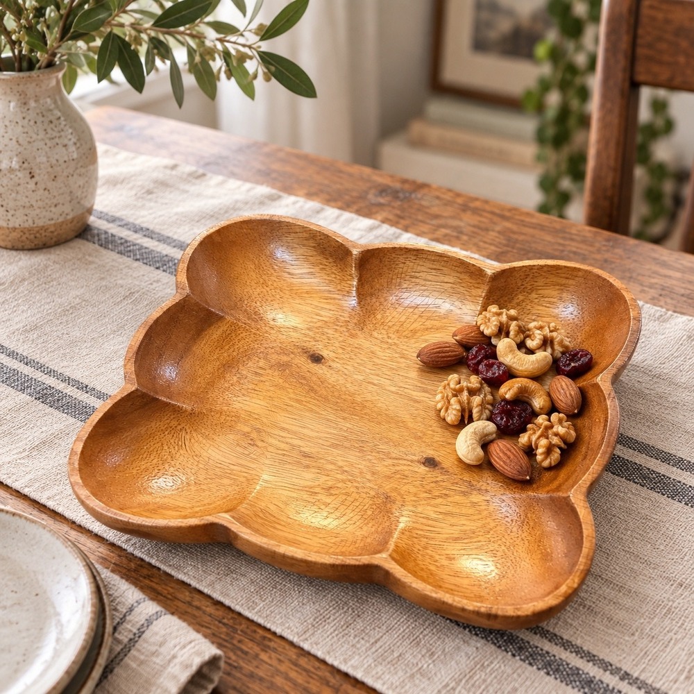 Vintage Scalloped Wood Serving Tray Flower Shape 8 Compartment Nut Dish Boho